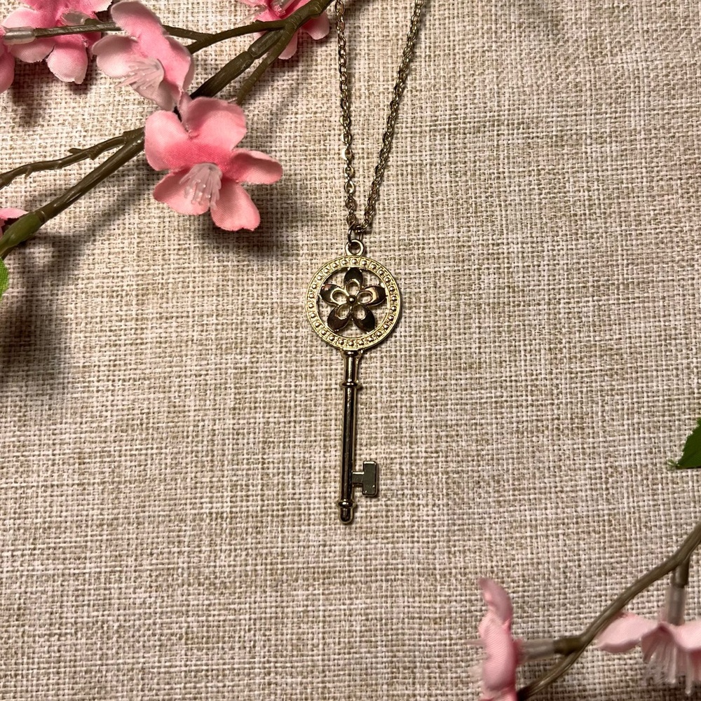 Gold Storybook Long Key Necklace with Flower | Whimsy Fairycore Fantasy